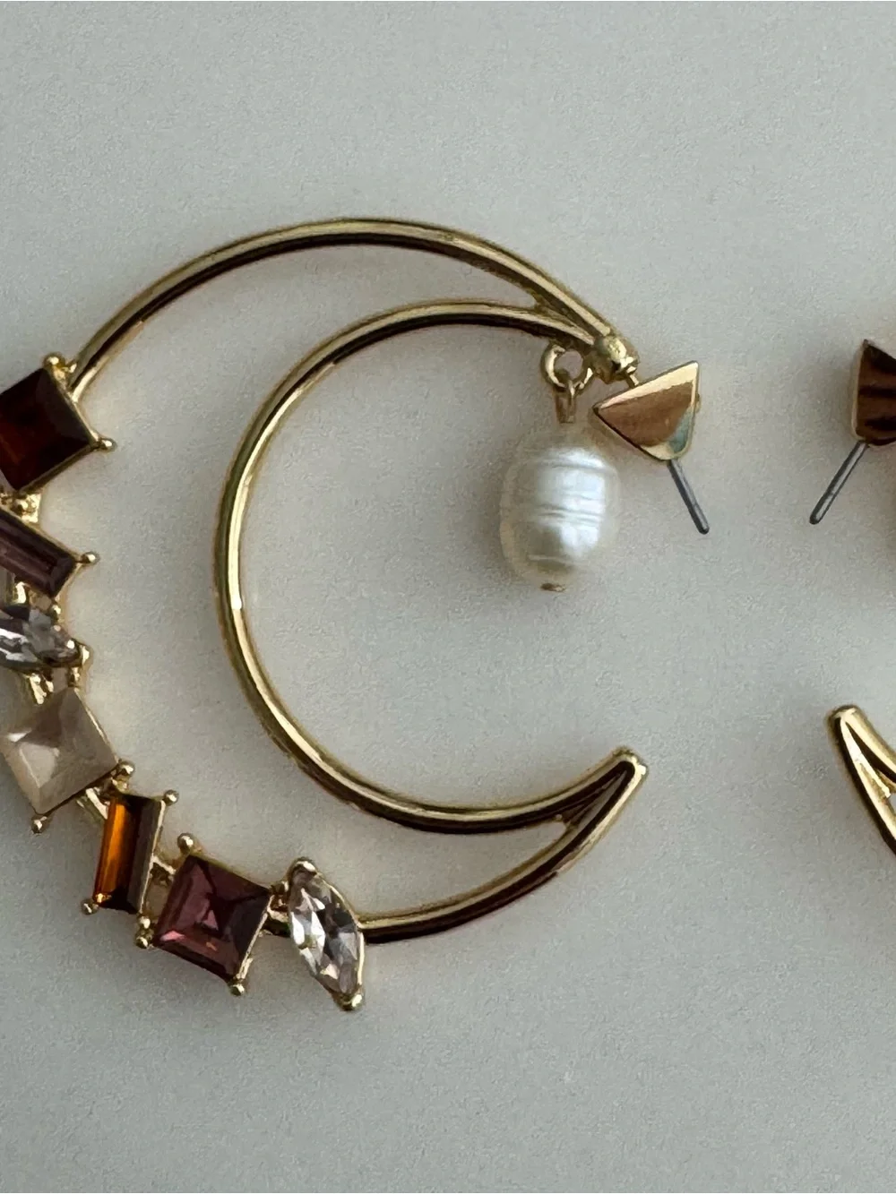 Gold Hoop Earrings with Pink and Amber Gem Accents and Pearl Drop