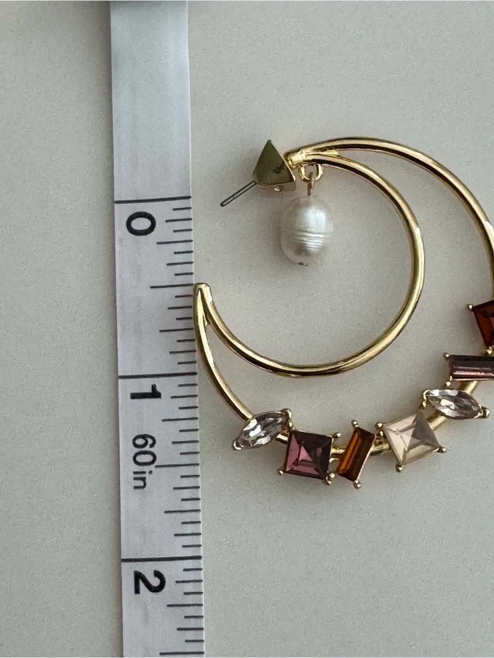 Gold Hoop Earrings with Pink and Amber Gem Accents and Pearl Drop