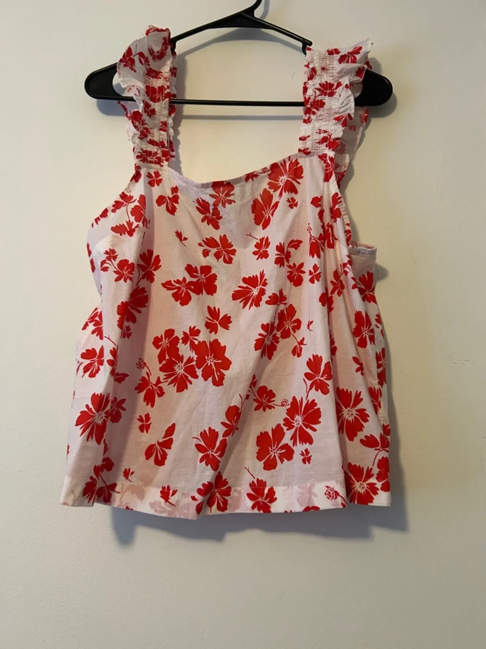 J. Crew White Tank Top with Red Floral Print, Ruffle straps, Size XL