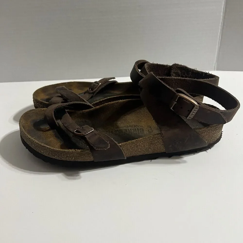 Birkenstock Yara Habana Brown Oiled Leather Sandals Ankle Strap Size 39 US 8 Reg