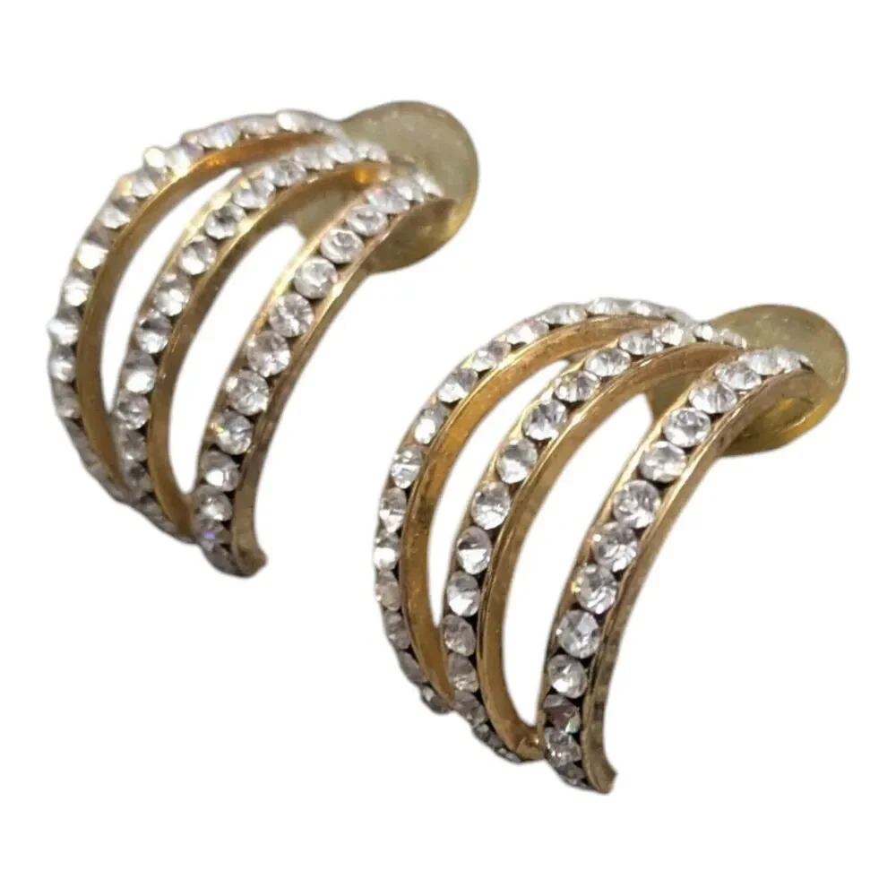 Vintage Inspired Gold Tone Rhinestone Open Oval Hoop Sparkley Earrings