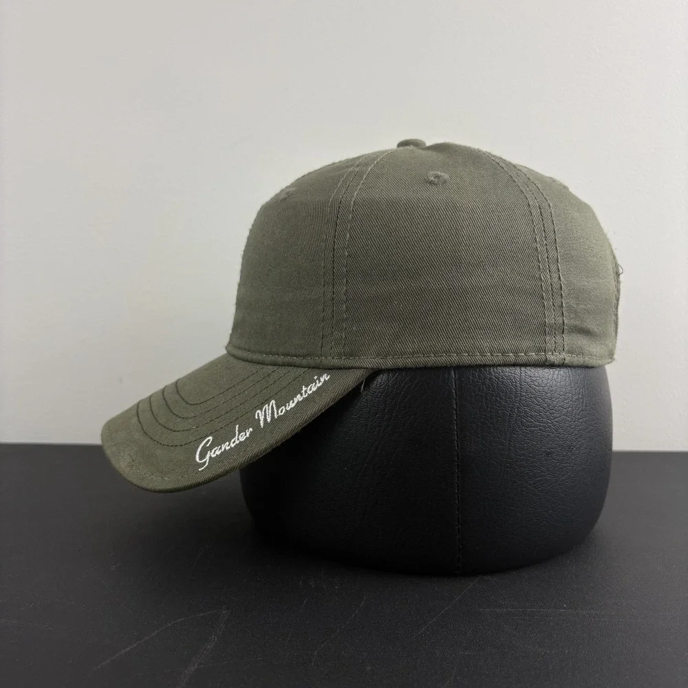 Y2K Gander Mountain Hat Olive Green Script Brim We Live Outdoors Dad Cap Cotton