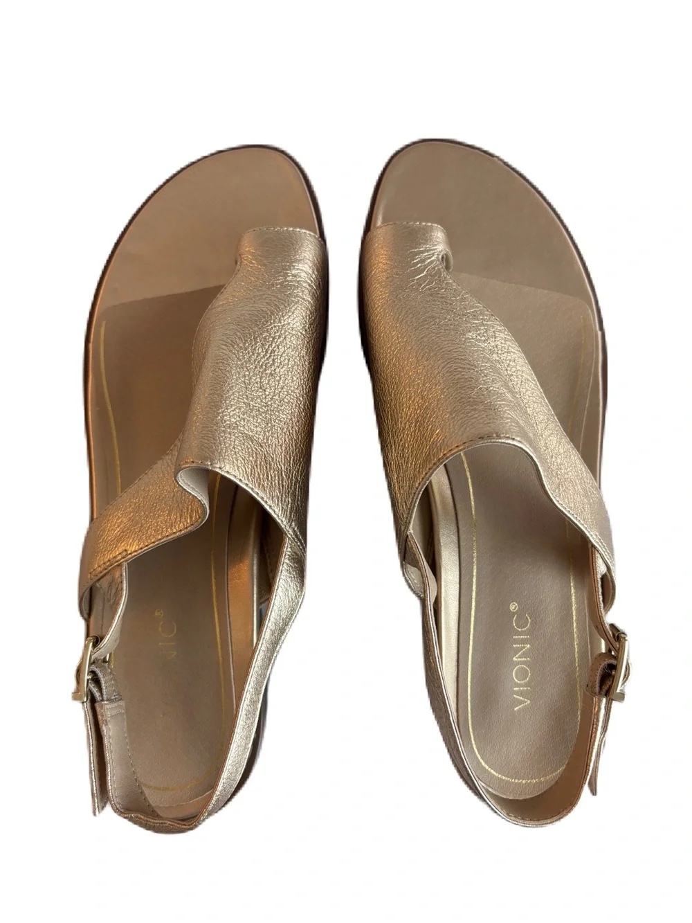 Vionic Ella Gold Metallic Leather Toe-Loop Sling Sandals Size 11