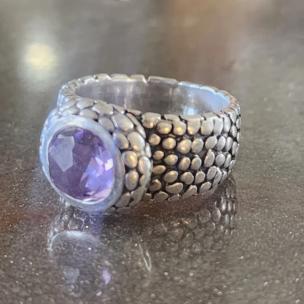Sterling Silver Heavy Chunky Women's Ring Sz 11 Purple Gemstone Men's Snake Skin