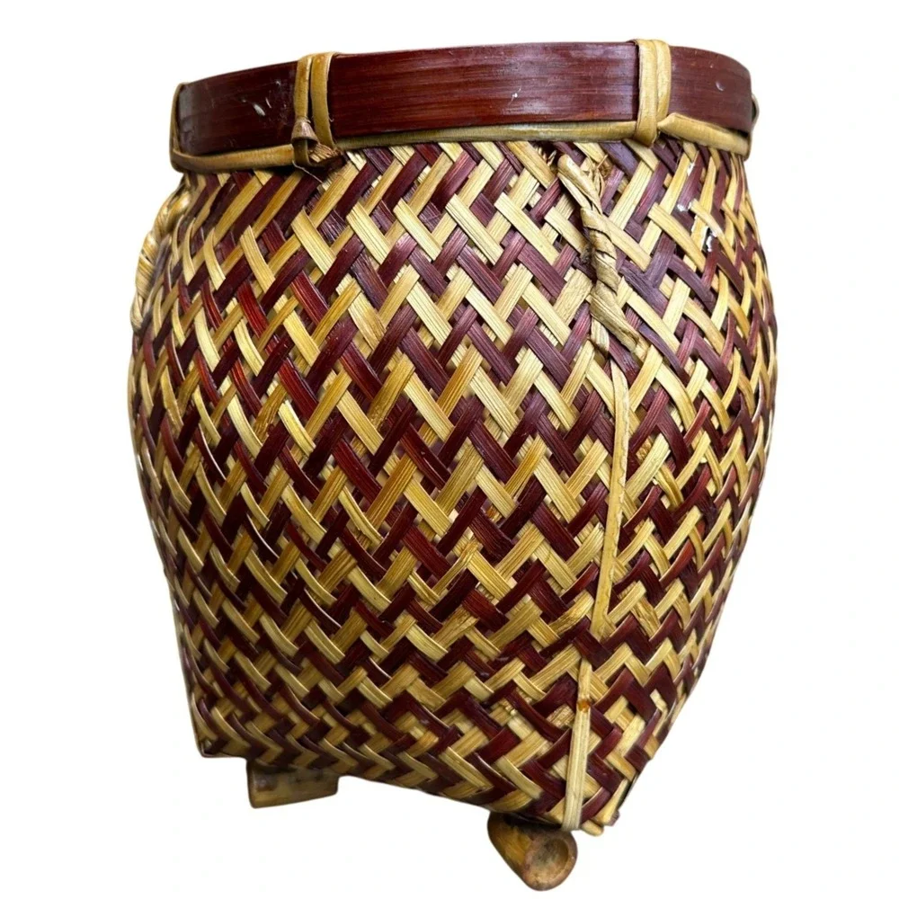 Vintage Woven Bamboo Basket Two Tone Brown Natural Footed Decorative Pot Small