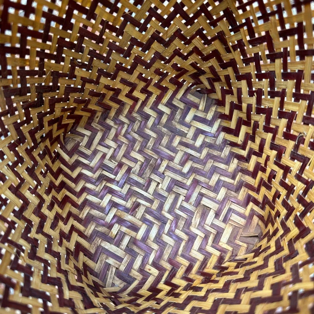 Vintage Woven Bamboo Basket Two Tone Brown Natural Footed Decorative Pot Small