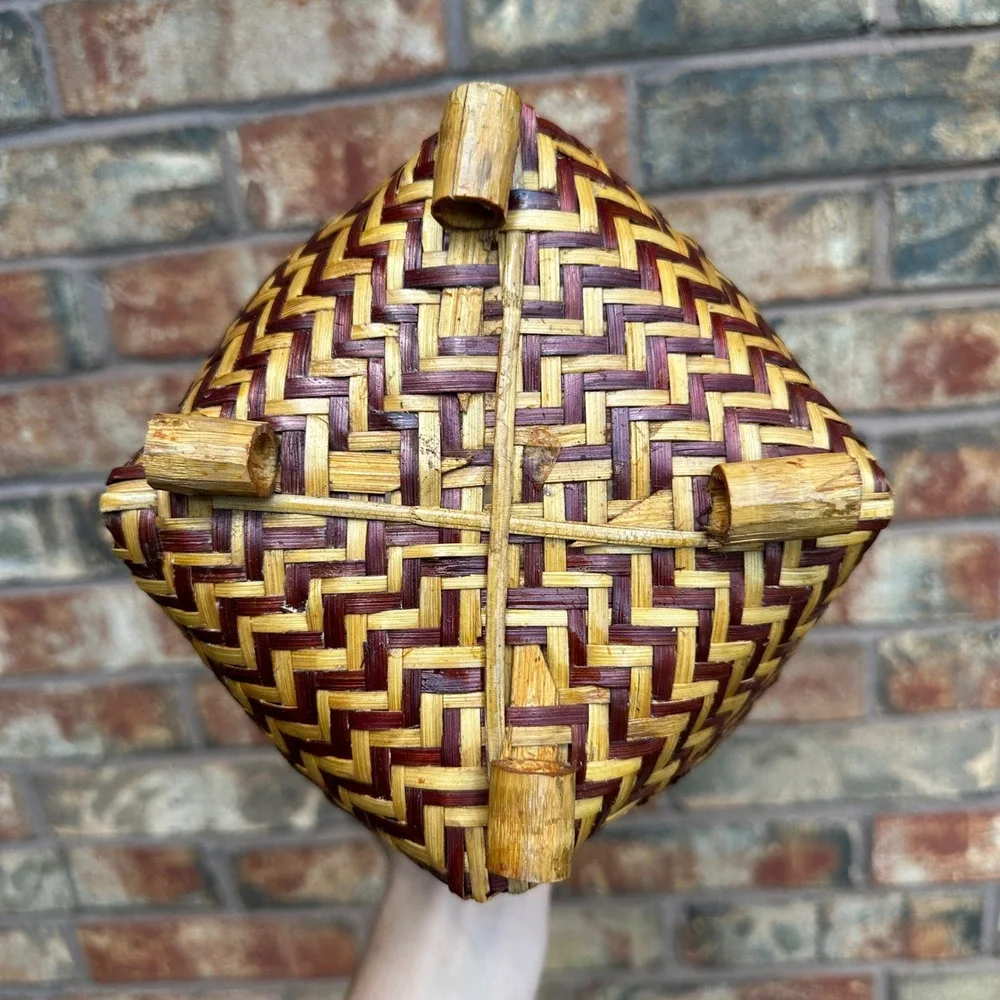 Vintage Woven Bamboo Basket Two Tone Brown Natural Footed Decorative Pot Small