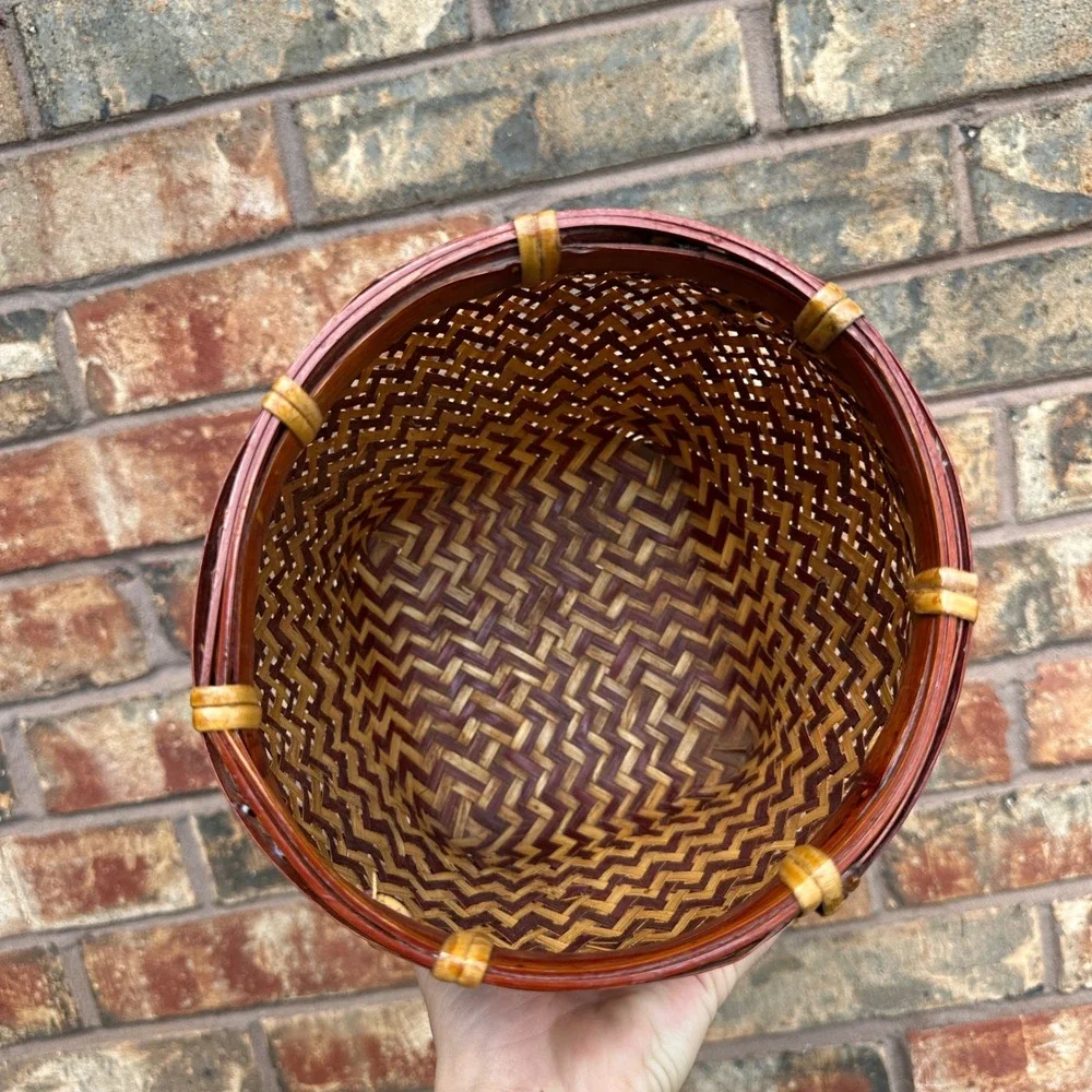 Vintage Woven Bamboo Basket Two Tone Brown Natural Footed Decorative Pot Small