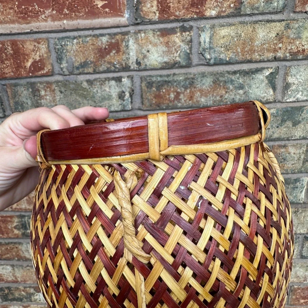 Vintage Woven Bamboo Basket Two Tone Brown Natural Footed Decorative Pot Small