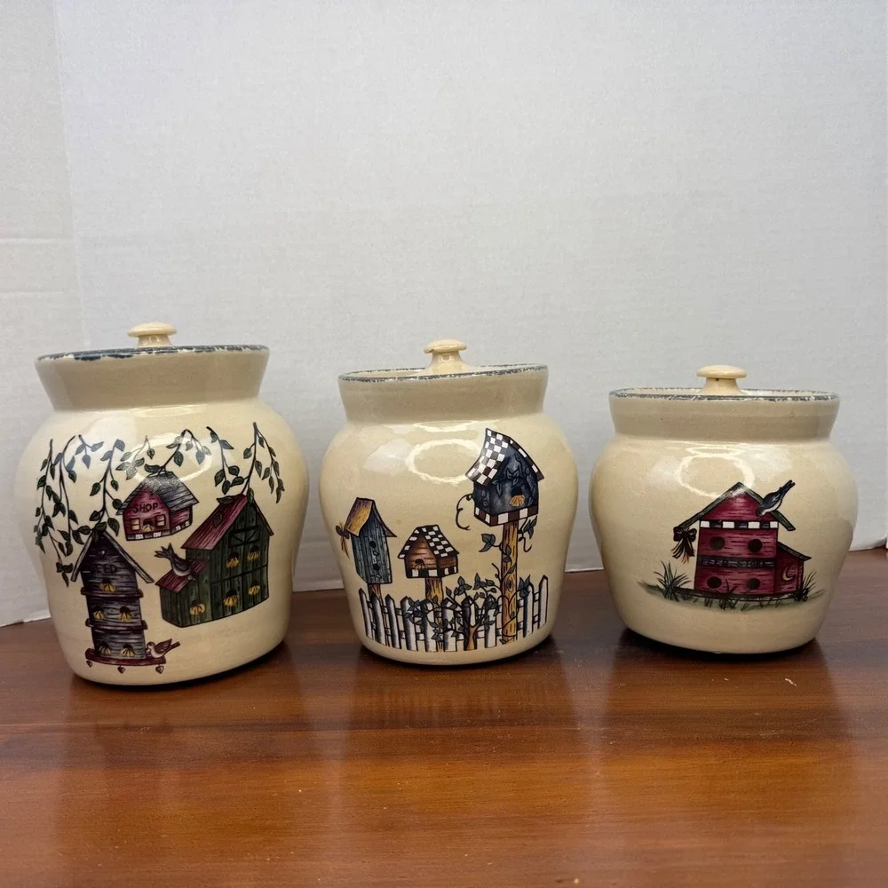 Home & Garden Party Birdhouse Canister Set 3pc Stoneware USA 2001 Vintage