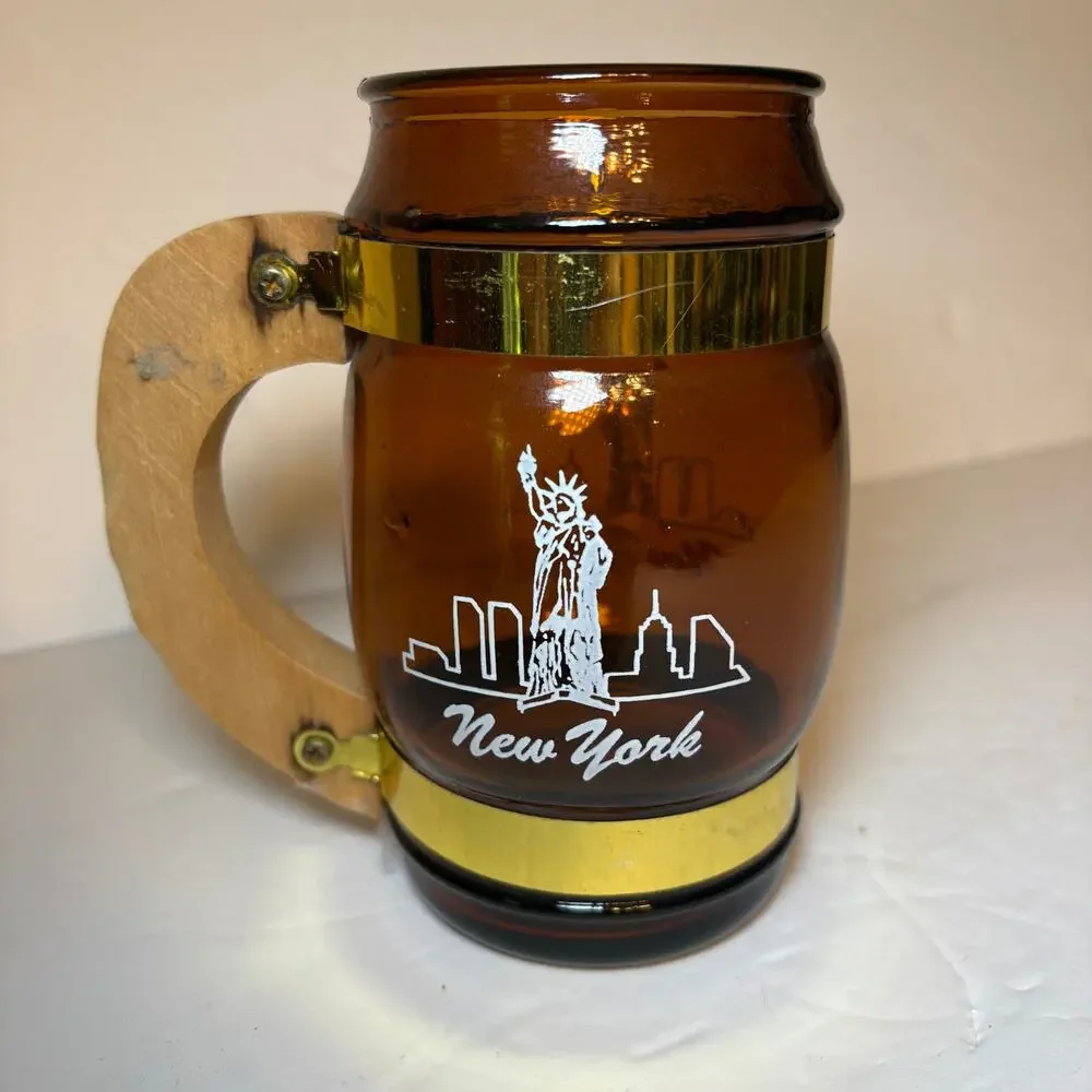 Vintage New York City NYC Statue of Liberty Souvenir Brown Glass Barrel Mug Wood