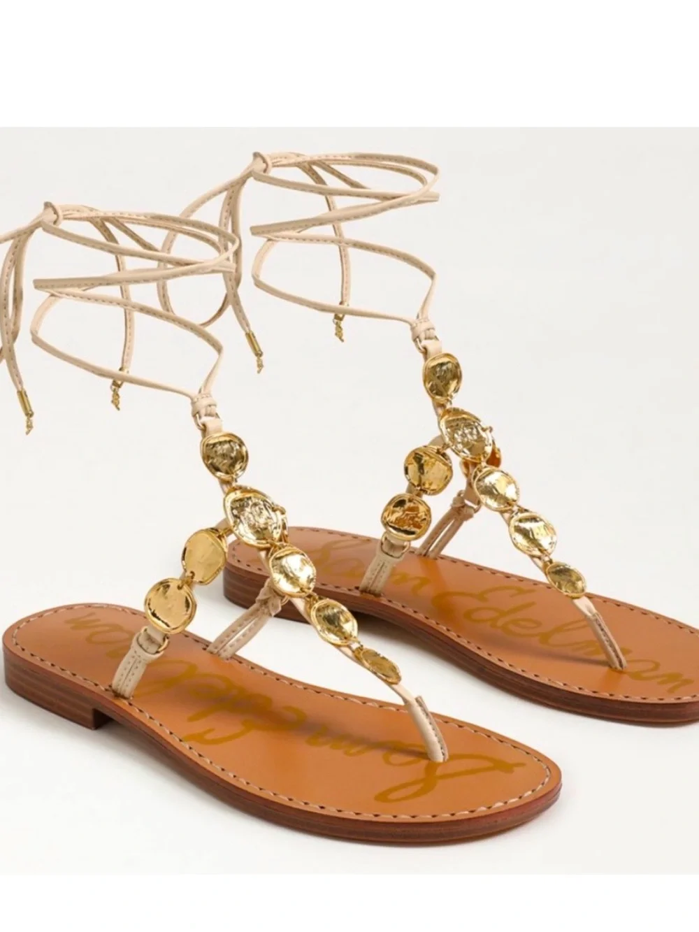 Sam Edelman Beige Lace-Up Sandals with Gold Discs