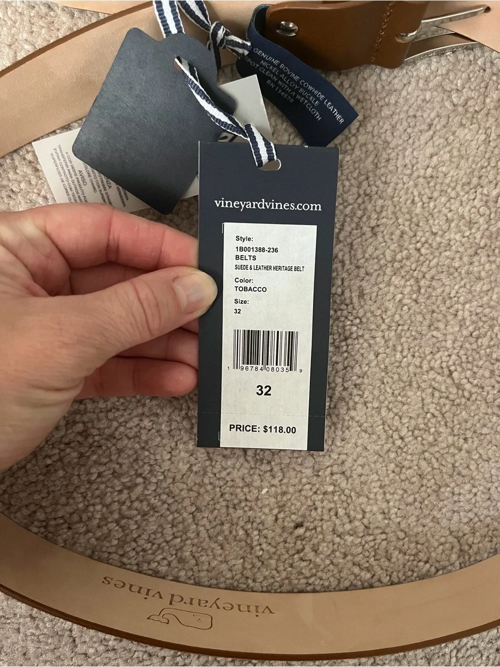 Vineyard Vines Men's Tan Suede and Leather Belt with Silver Buckle