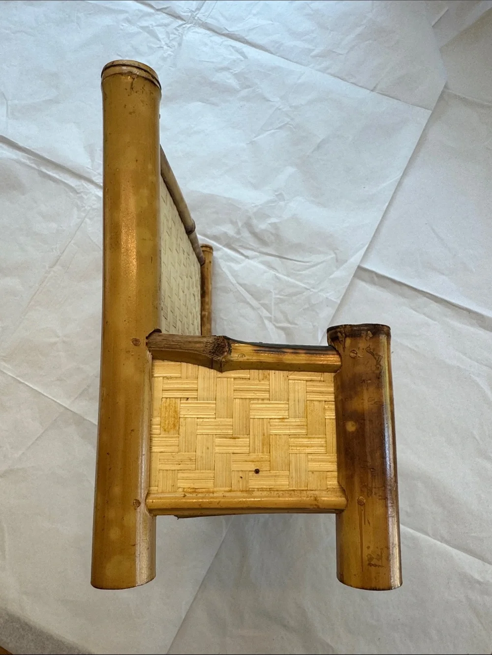 Vintage Burnt Tortoise/Tiger Bamboo Woven Rattan Bench Boho Mail Holder
