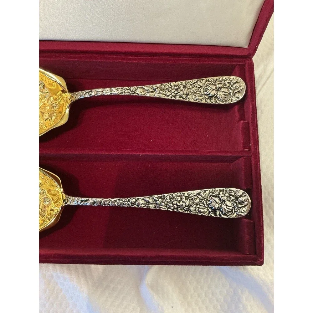 Vintage Set of 2 Godinger Silversmiths Strawberry Serving Spoons~NOS In Felt Box