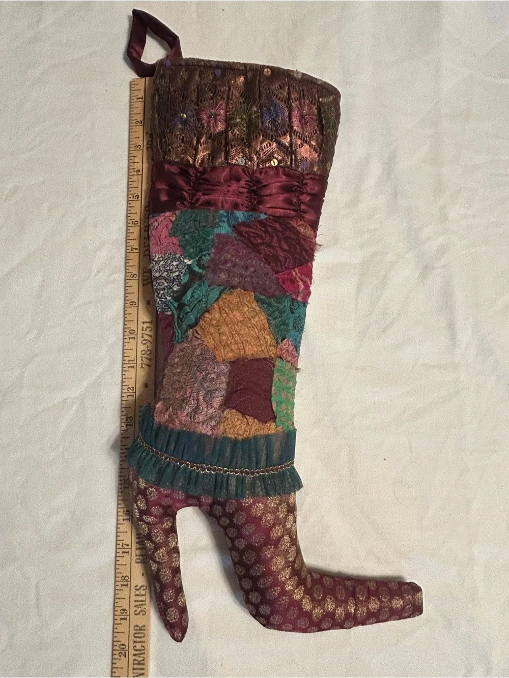 Pier 1 Patchwork Style Victorian Christmas Stocking High Heeled Boot