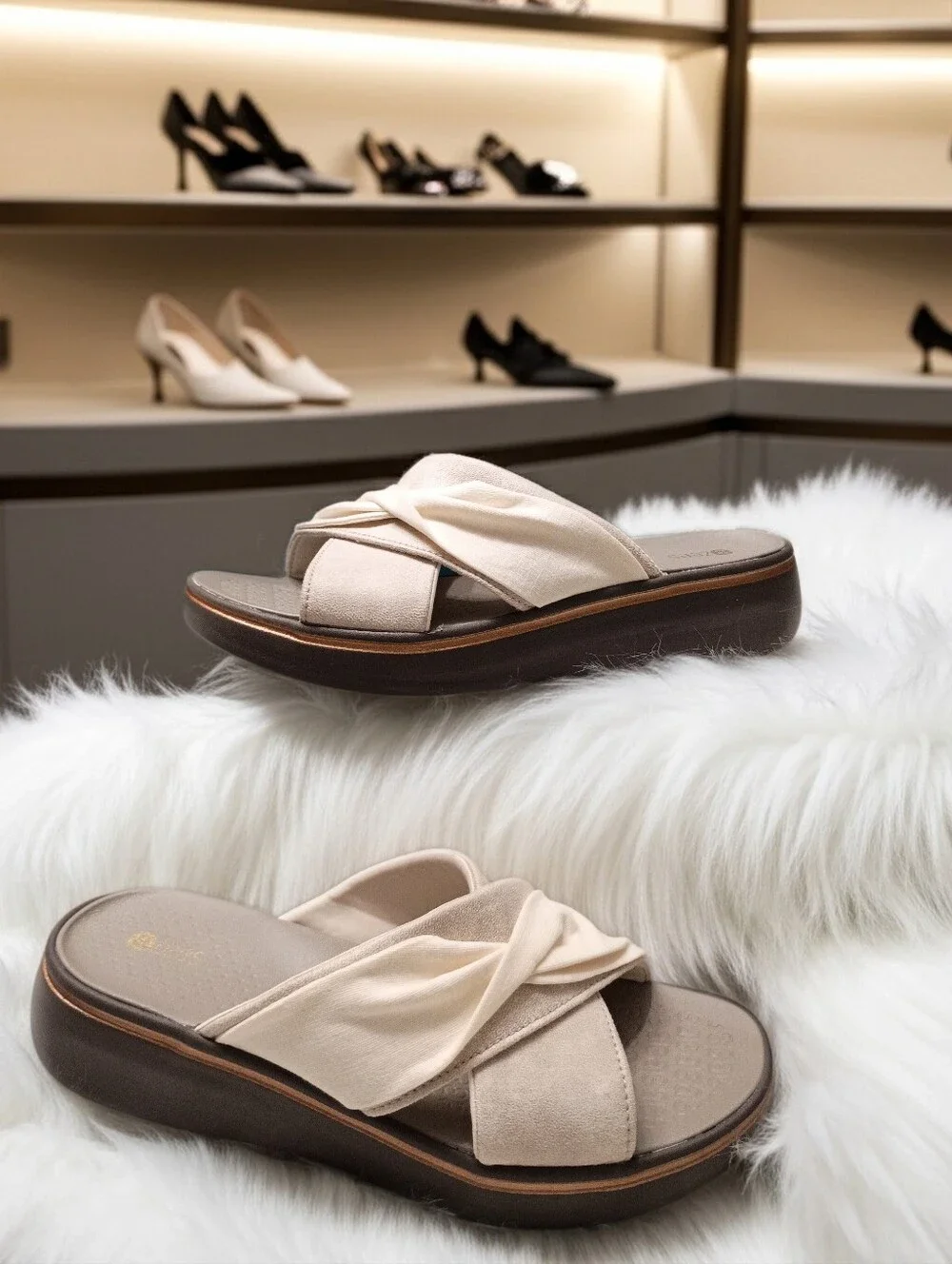 Bzees Take A Bow Cream Twisted Cross-Strap Slide Sandals Rose Gold Trim