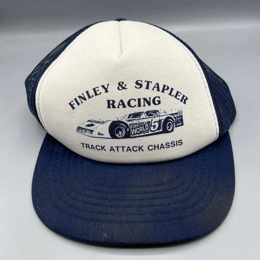 Vintage‎ Finley & Stapler Racing Trucker Hat Men White Blue Xpres Caps Snap Back