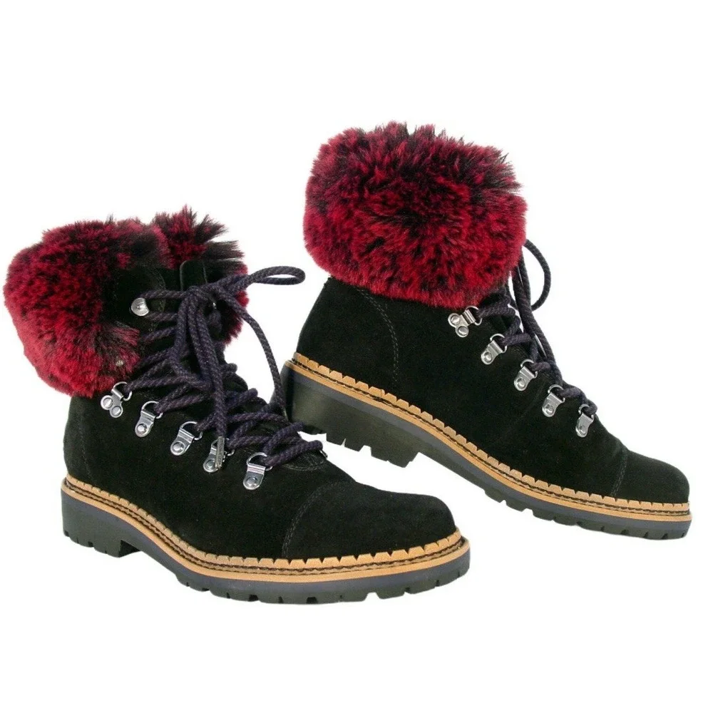 New Sam Edelman‎ Black Suede Boots Women's 9 Bowen Pink Wine Faux Fur Lug Sole