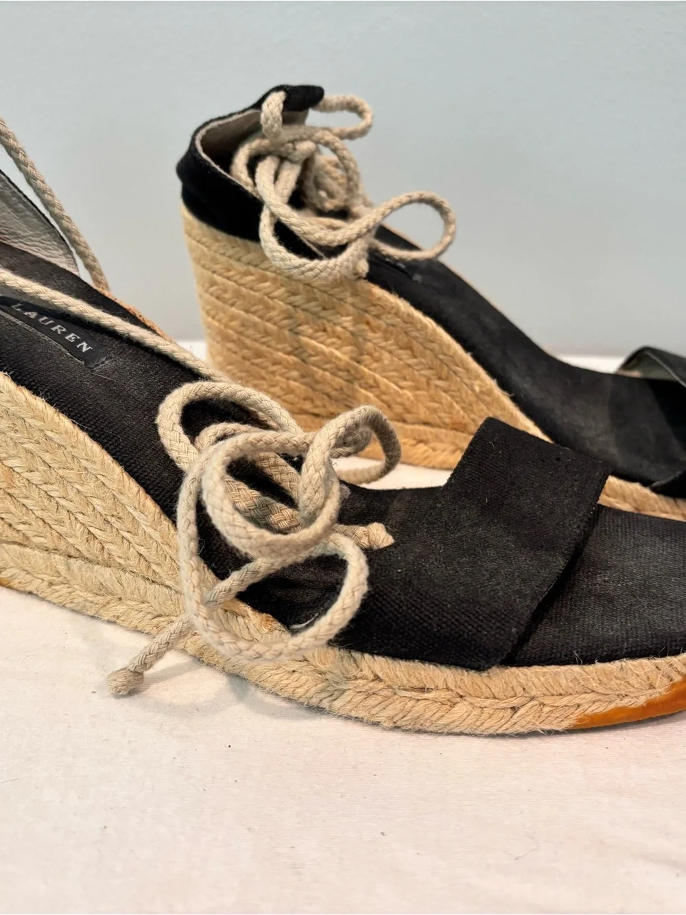 Ralph Lauren Black Canvas Espadrille Wedges with Rope Tie