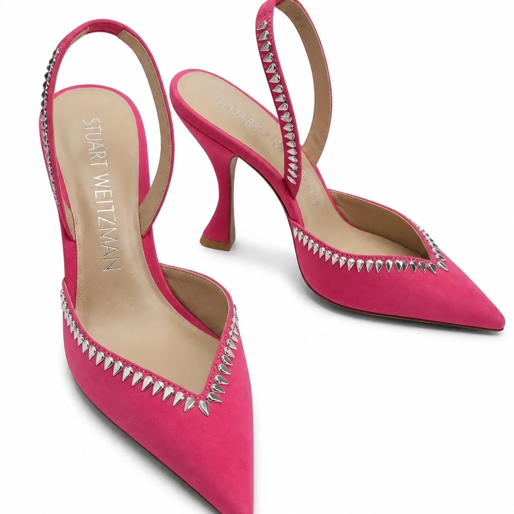 Stuart Weitzman Women’s Suede Pink Pointed Slingback Heels with Cristal Studs