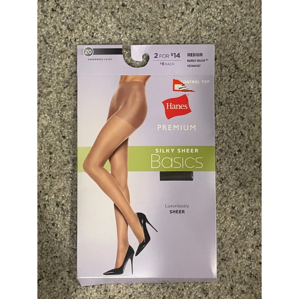 Hanes Premium Silky Sheer Basics Control Top Pantyhose Barely Black Medium NIP