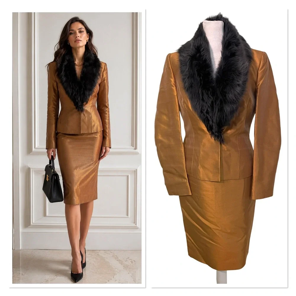 Vtg Luca Luca 3pc Silk Shantung Skirt Suit Set Copper Faux Fur Collar Hollywood