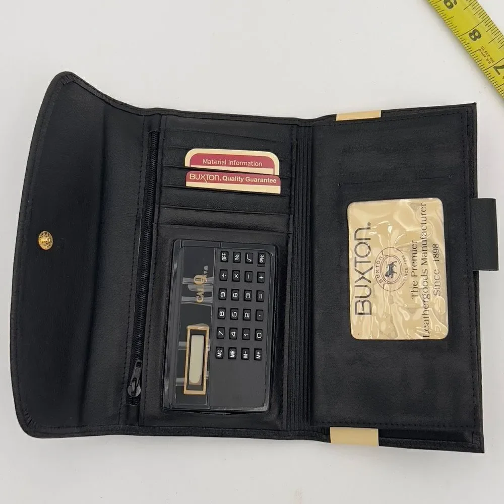 New with Defect BUXTON CAL Q CLUTCH Wallet Tri-Fold Genuine Leather Black Wallet