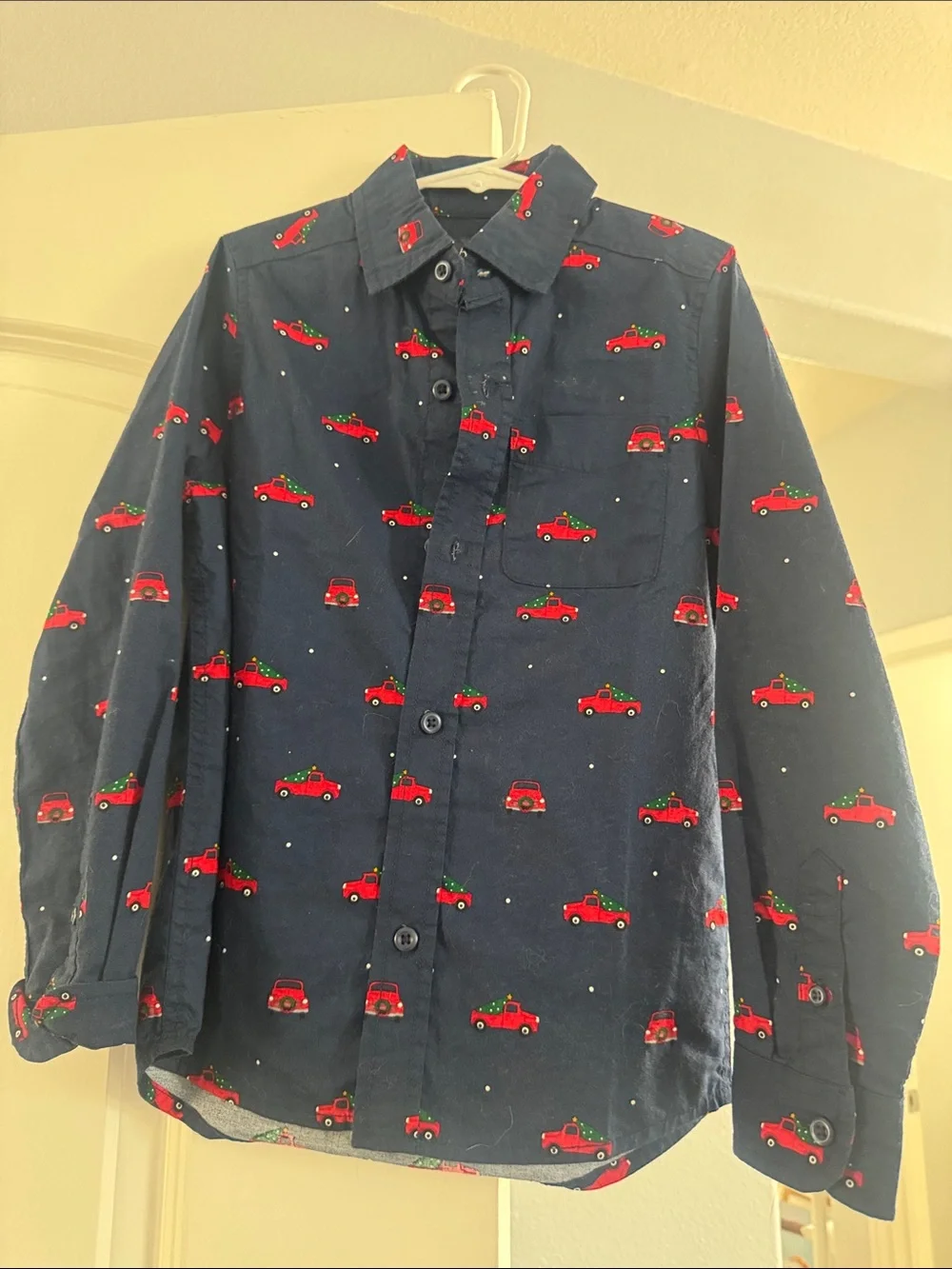 The Children's Place Navy Blue Button-Down Shirt with Red Car Print