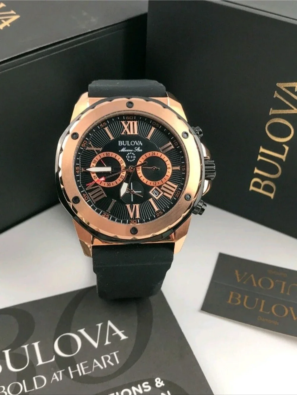 Bulova Marine Star 98B278 Black Dial Silicone Strap Men's Quartz Watch 44 mm