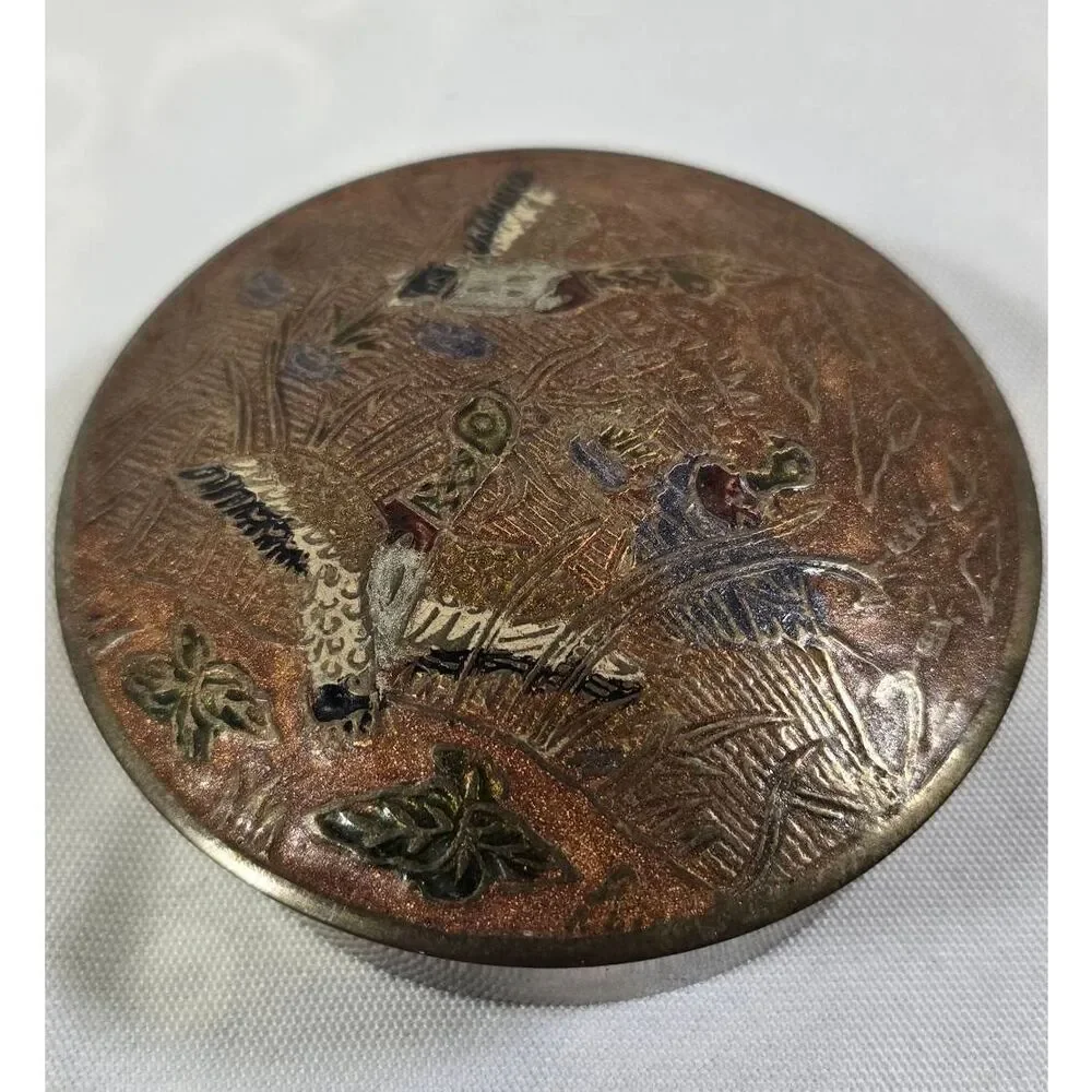 Intricate Floral Vintage Enameled Brass Trinket Box