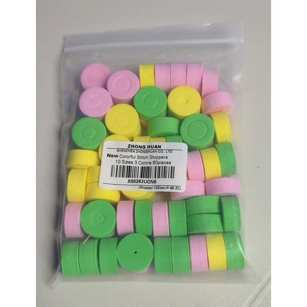 Colorful Stitch Stoppers 10 Sizes 3 Colors 60 Pcs - Pink, Green, Yellow Stitch
