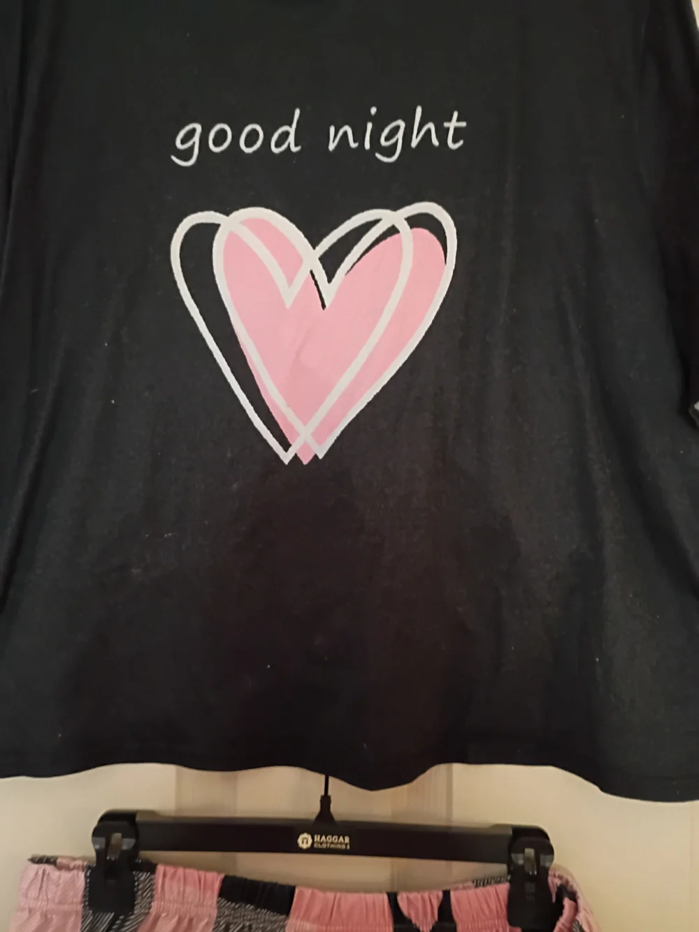 Black 'Good Night' Heart Pajama Set with Pink Heart Plaid Shorts