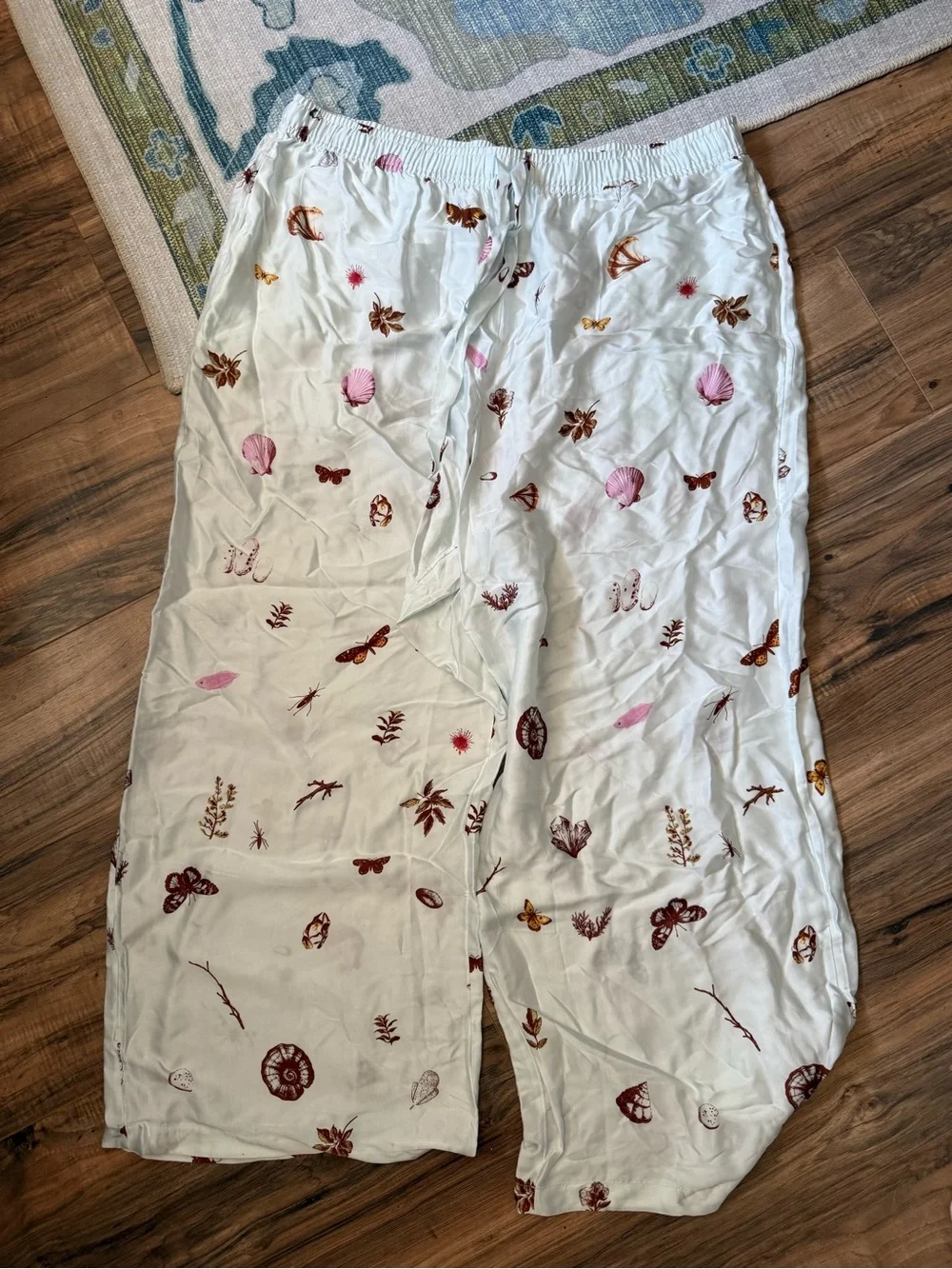 Anthropologie Pastel Blue Butterfly, Floral, Shell Print Silky Pajama Set