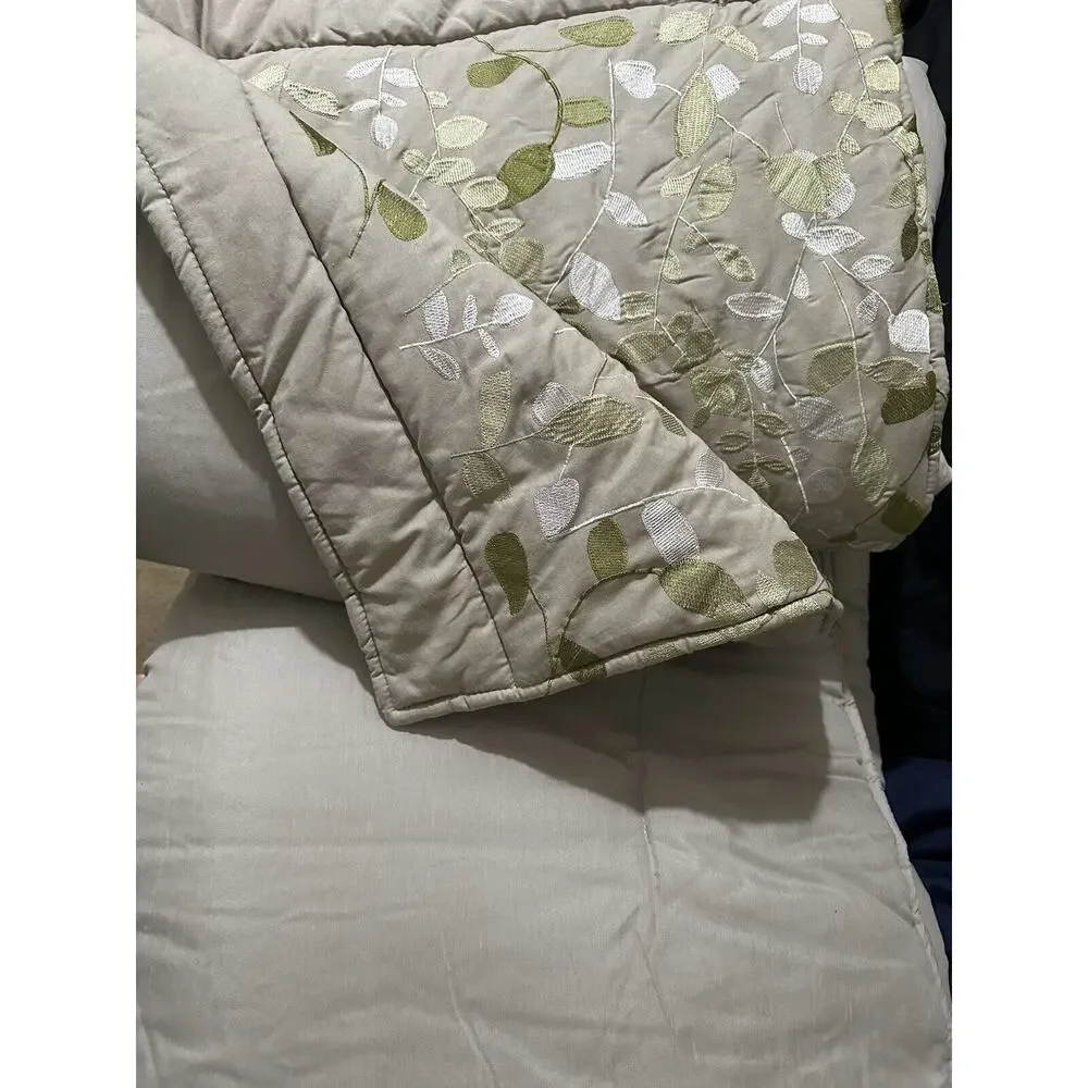 Victoria Classics Embroidered Floral‎ Leaves King Comforter Vintage Cream green