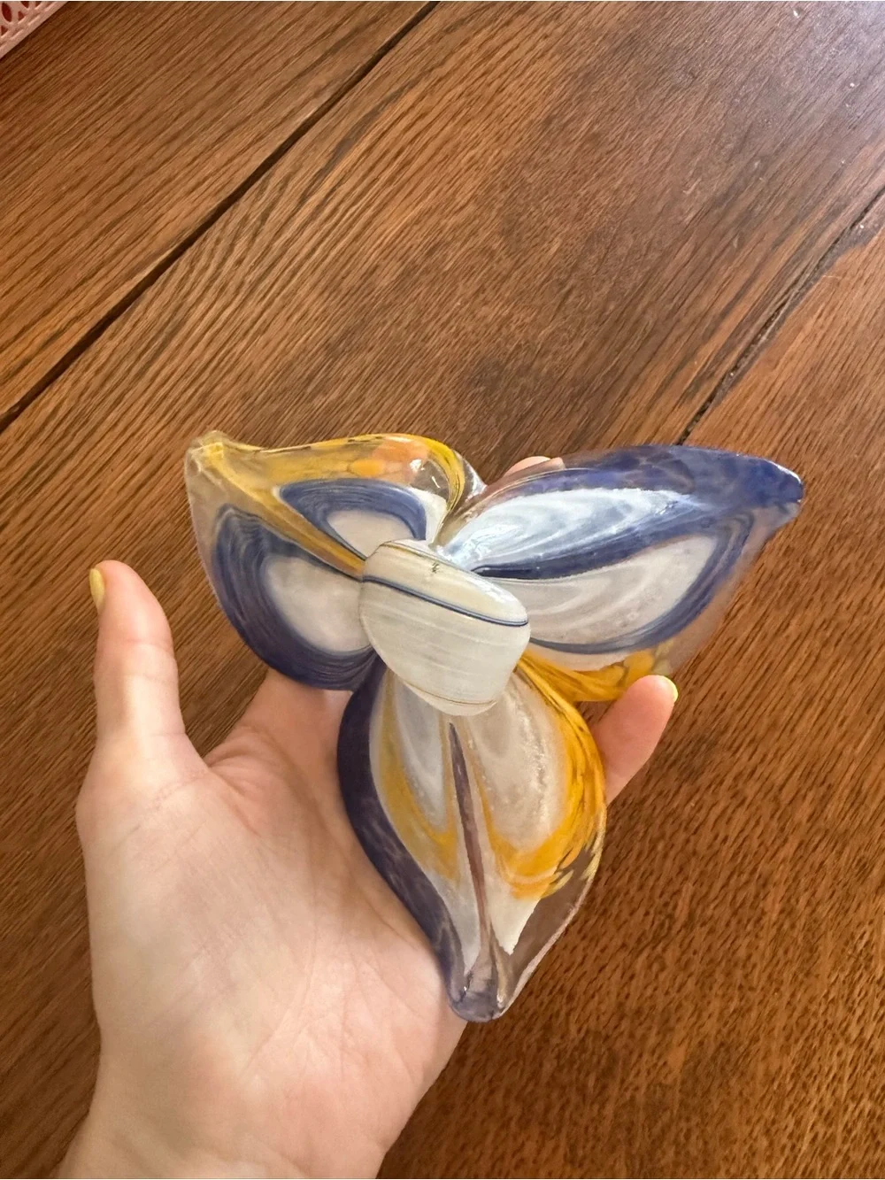 Handblown Art Glass Decorative flower in Blue, Yellow & White