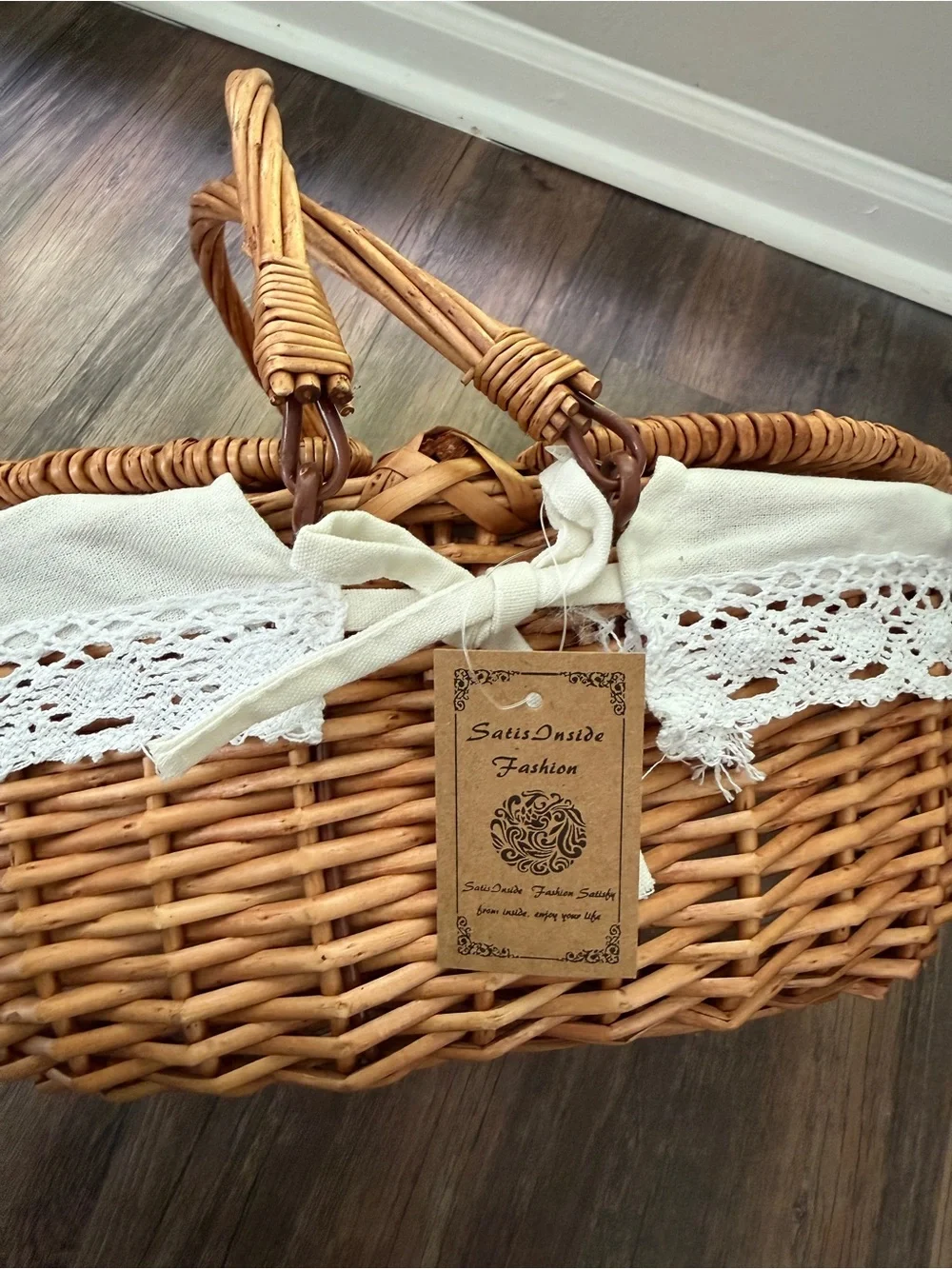 Woven Straw Picnic Basket Handbag with White Lace Trim