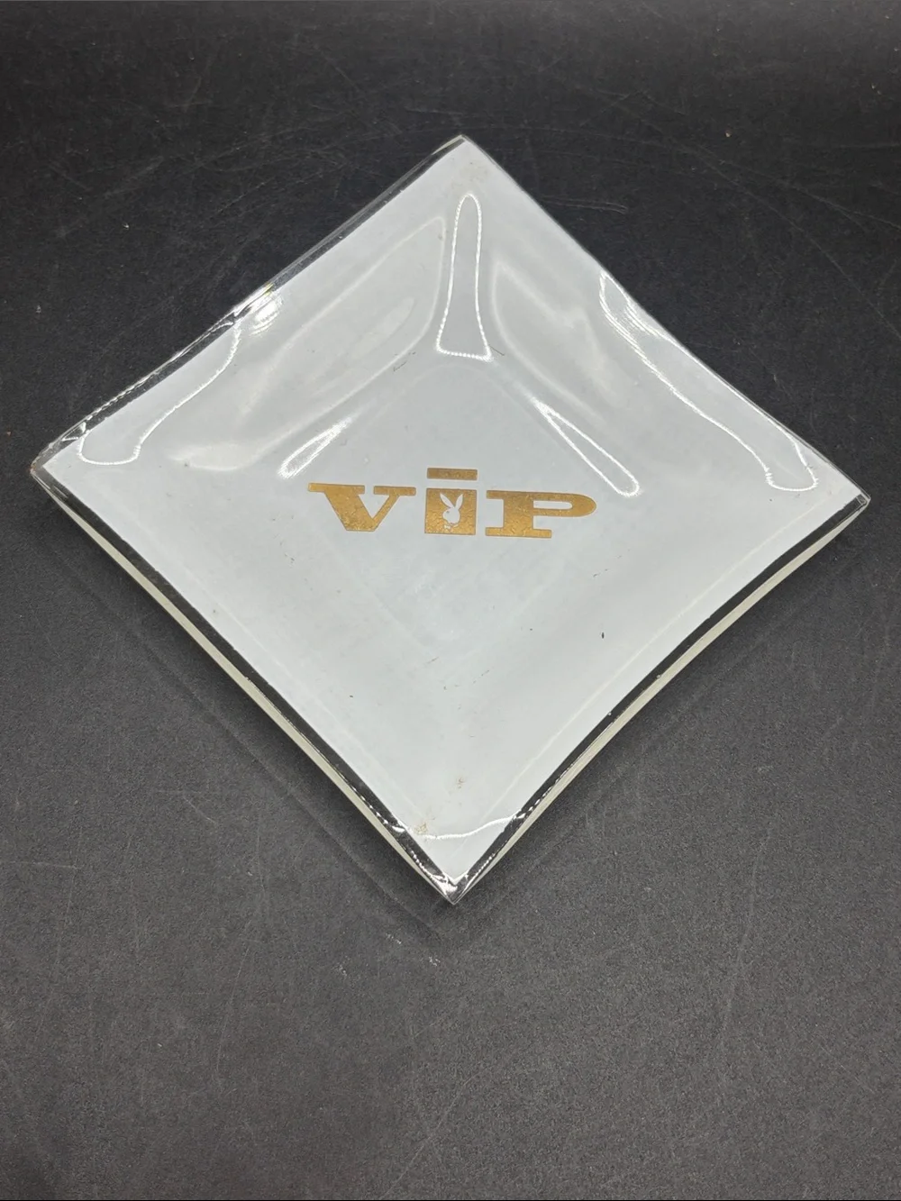 Vintage Playboy Bunny Club VIP Tip Tray Trinket Dish White Gold Glass Home Decor