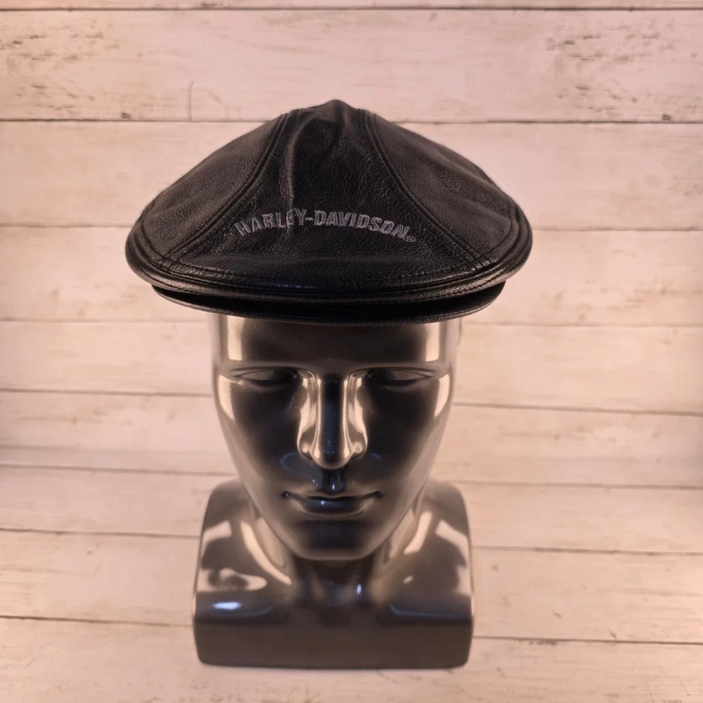 Harley Davidson Mens Black Leather Cap Flat Hat Biker Logo Genuine MotorClothes