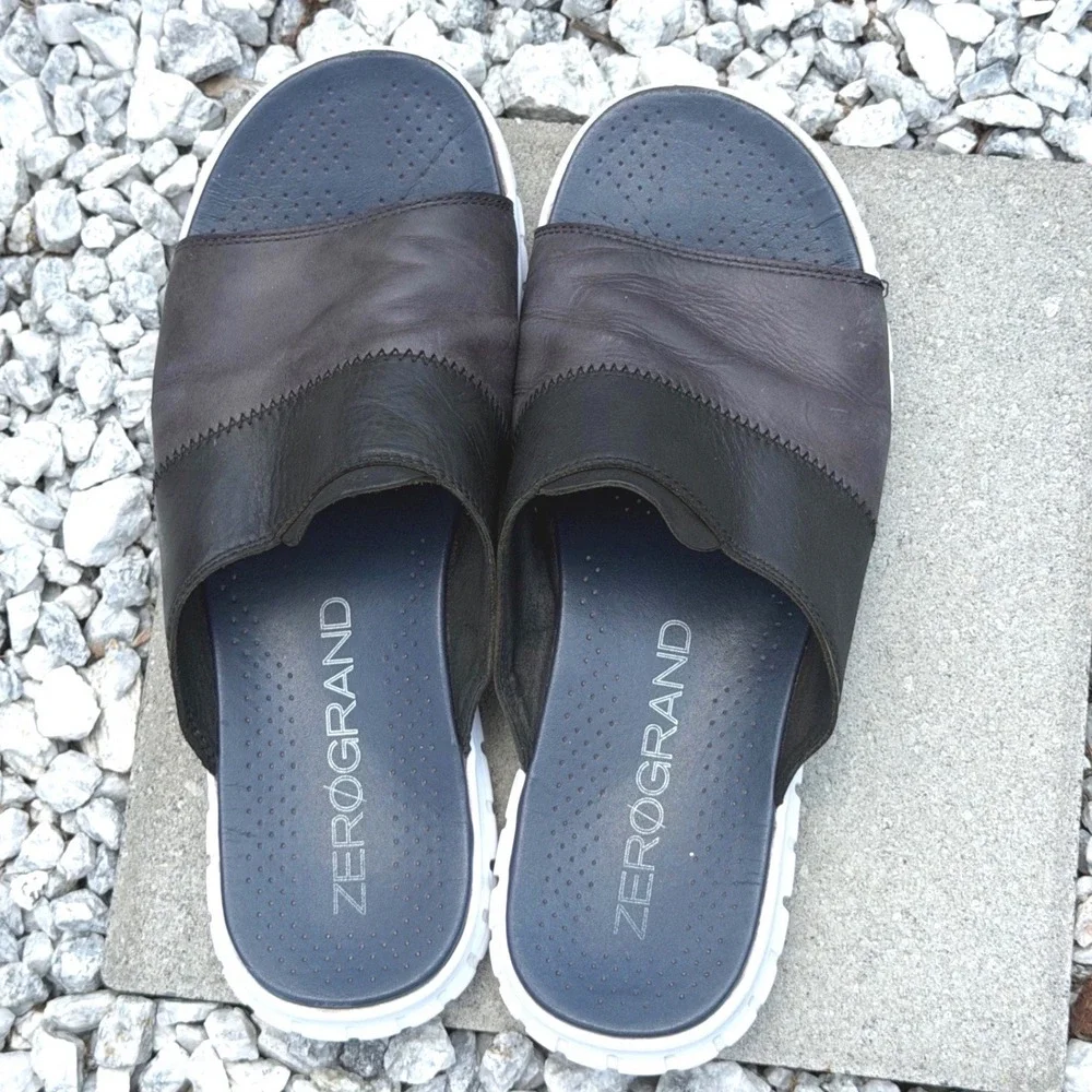 Cole Haan Zerogrand Mens 12M Leather Slide Black Grey Sandals Casual Comfort