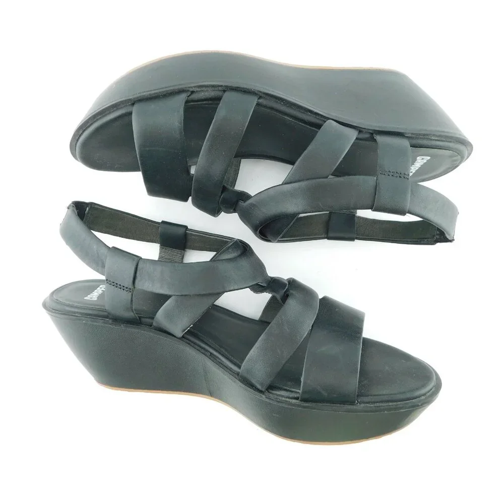 CAMPER Black Leather Caged  Platform Ankle Strap Sandals 40