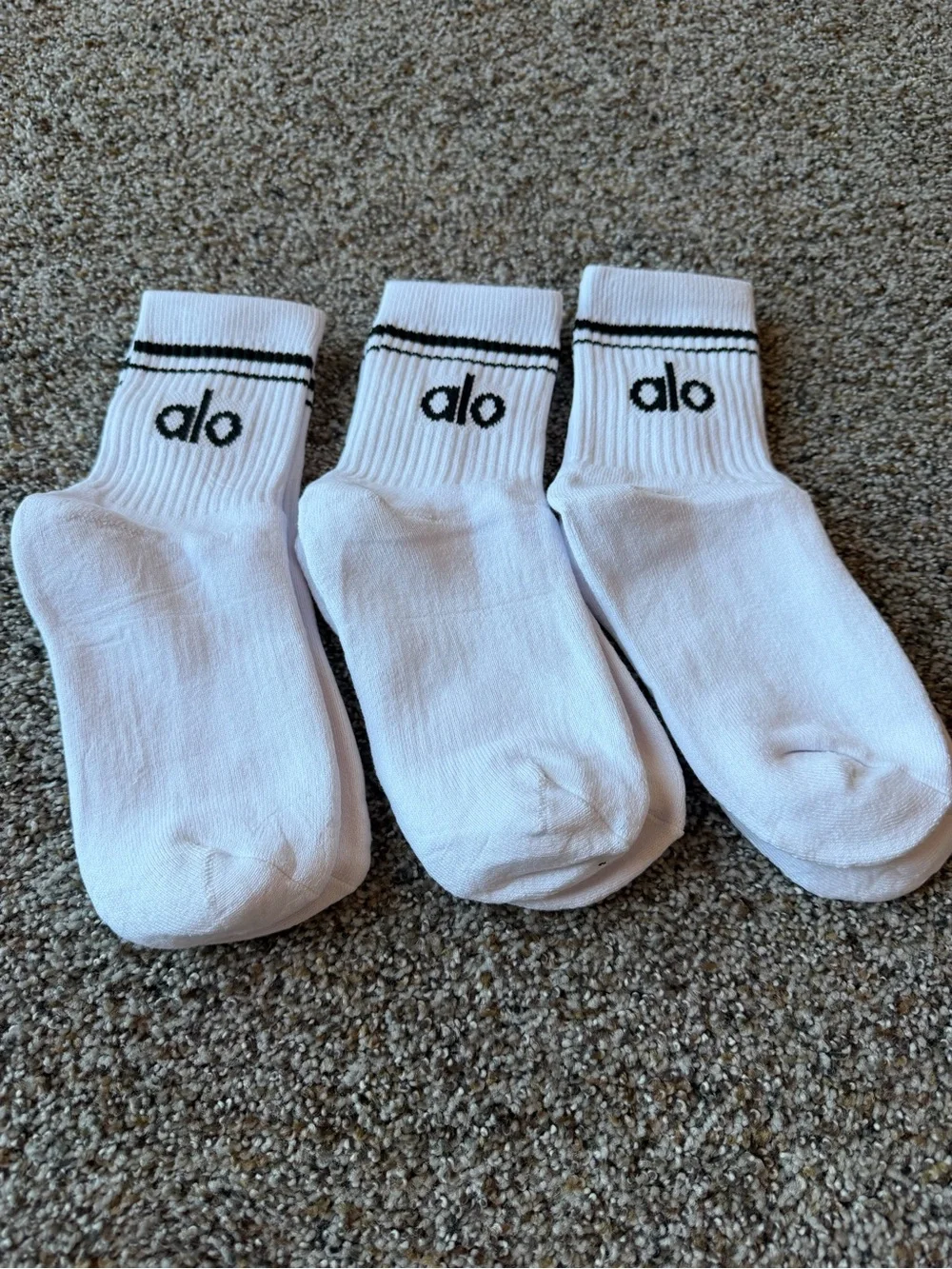 Alo Yoga White Half Crew Socks with Black Logo - 3 Pack