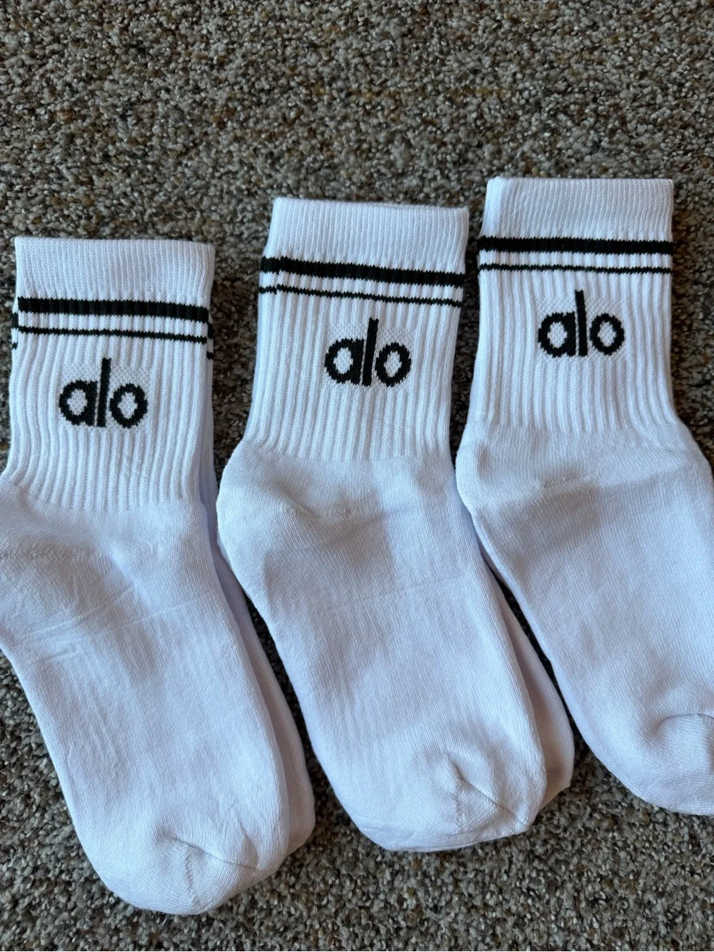 Alo Yoga White Half Crew Socks with Black Logo - 3 Pack
