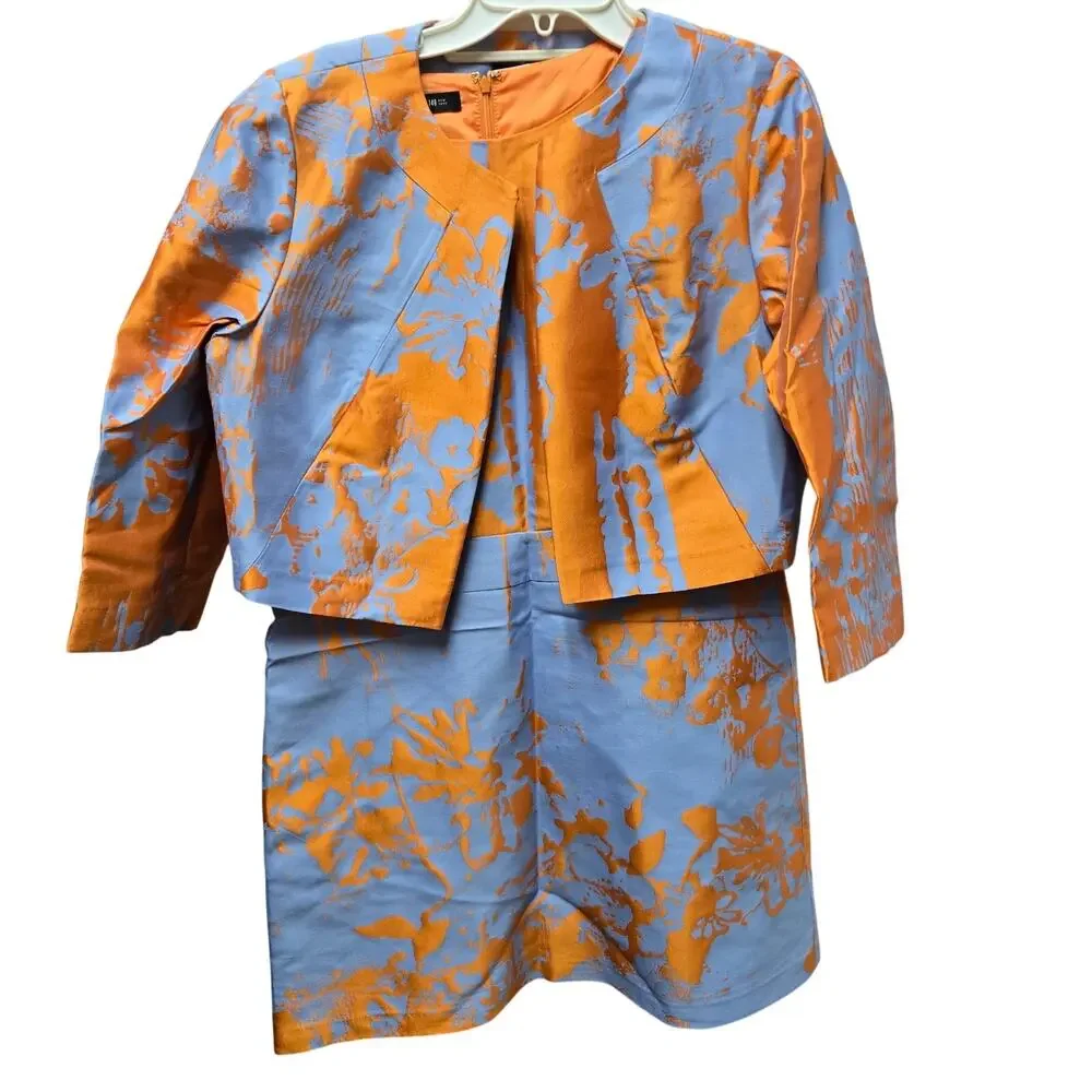 Lafayette 148 New York Jacquard Dress Jacket Set Sz 14 Orange Blue