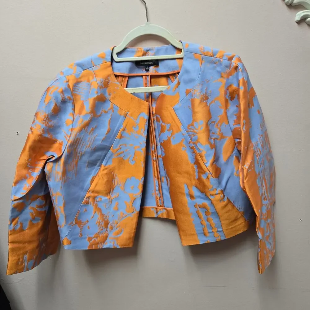 Lafayette 148 New York Jacquard Dress Jacket Set Sz 14 Orange Blue