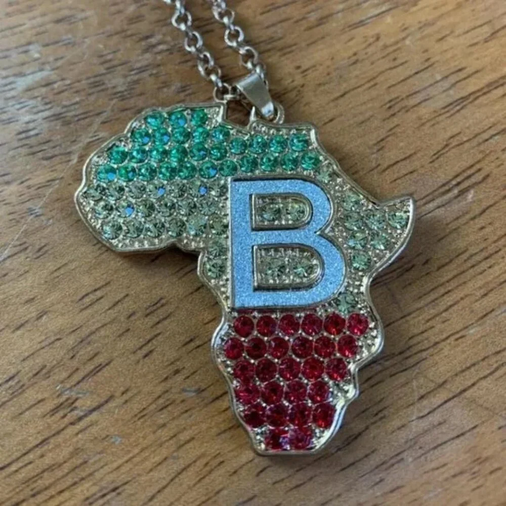 Initial B- tri colored rhinestone Africa pendant (mens listing)