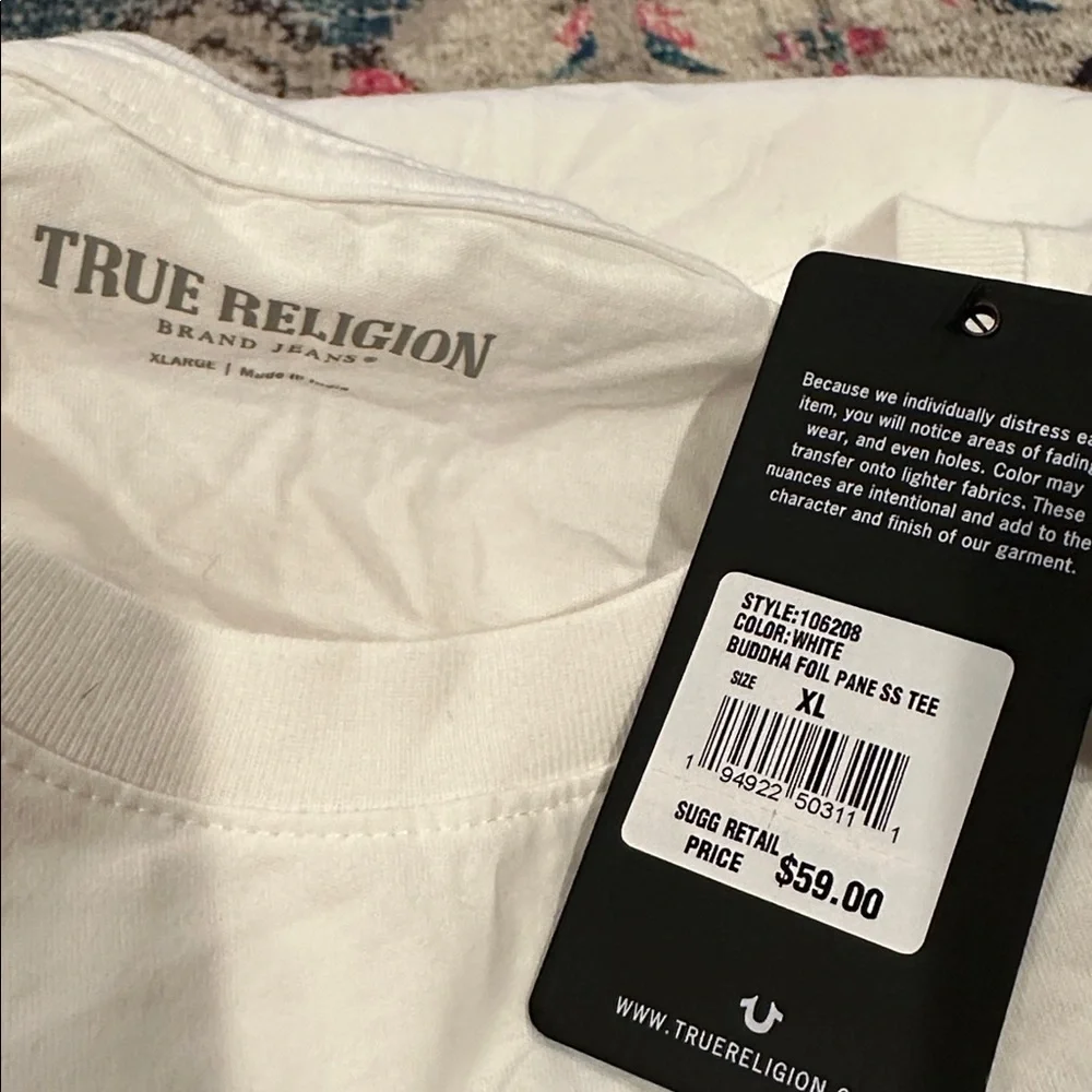 True Religion Buddha Foil Panes Short Sleeve White Crewneck Tee T-Shirt XL