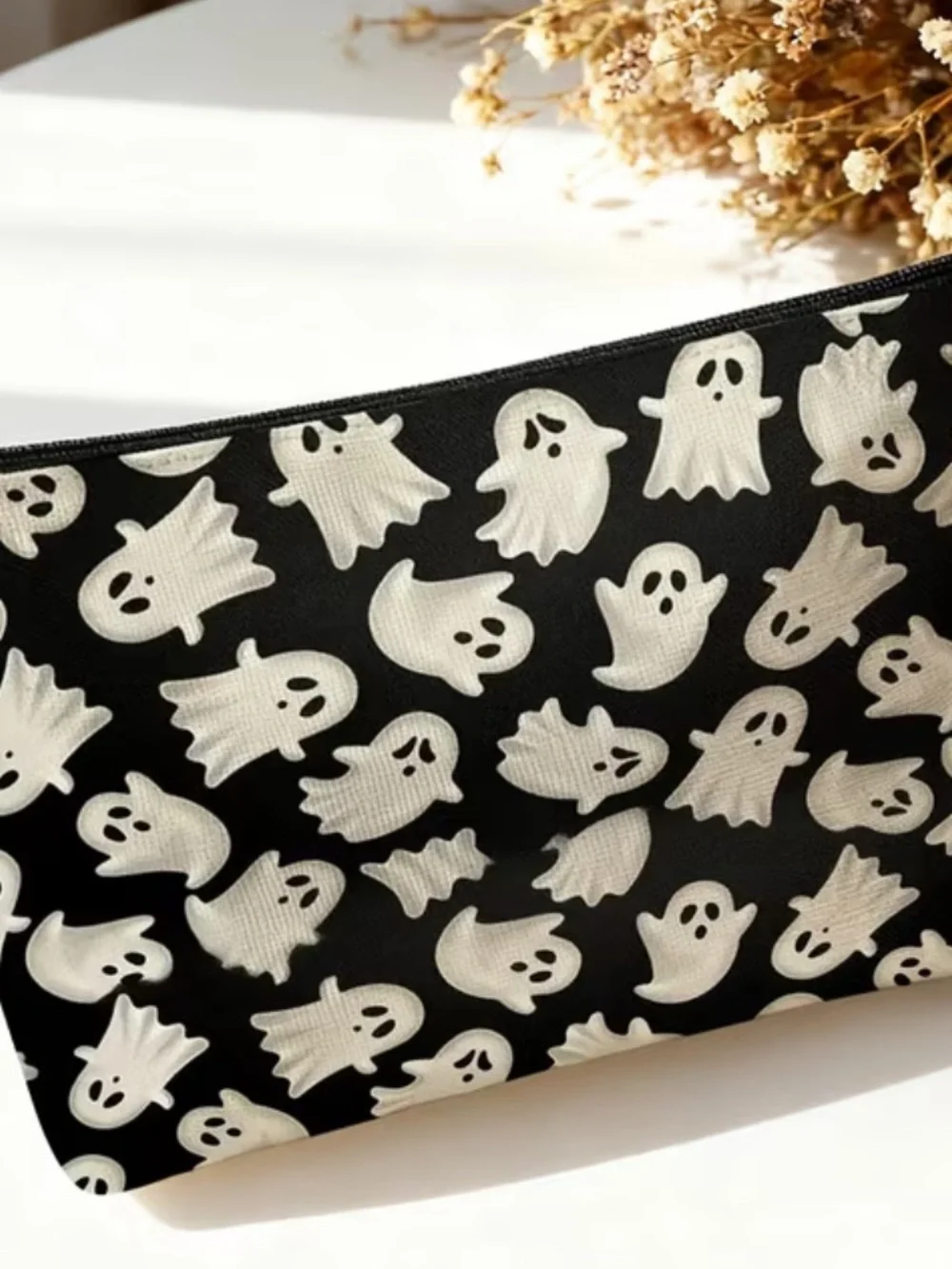 Ghost Halloween Themed Print Cosmetic Pouch in Black & White