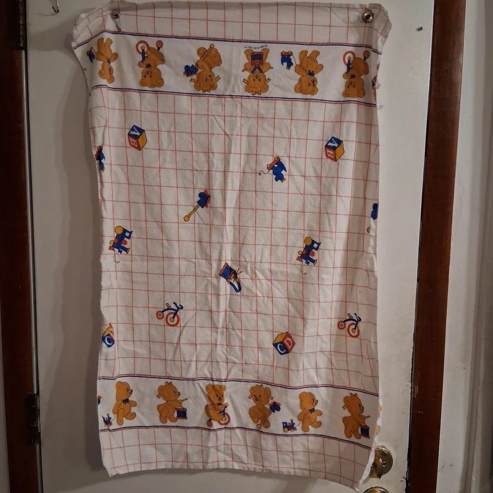 Vtg 80s Dundee Teddy Bear‎ Boy Girl AOP Flannel Receiving Blanket Primary Colors