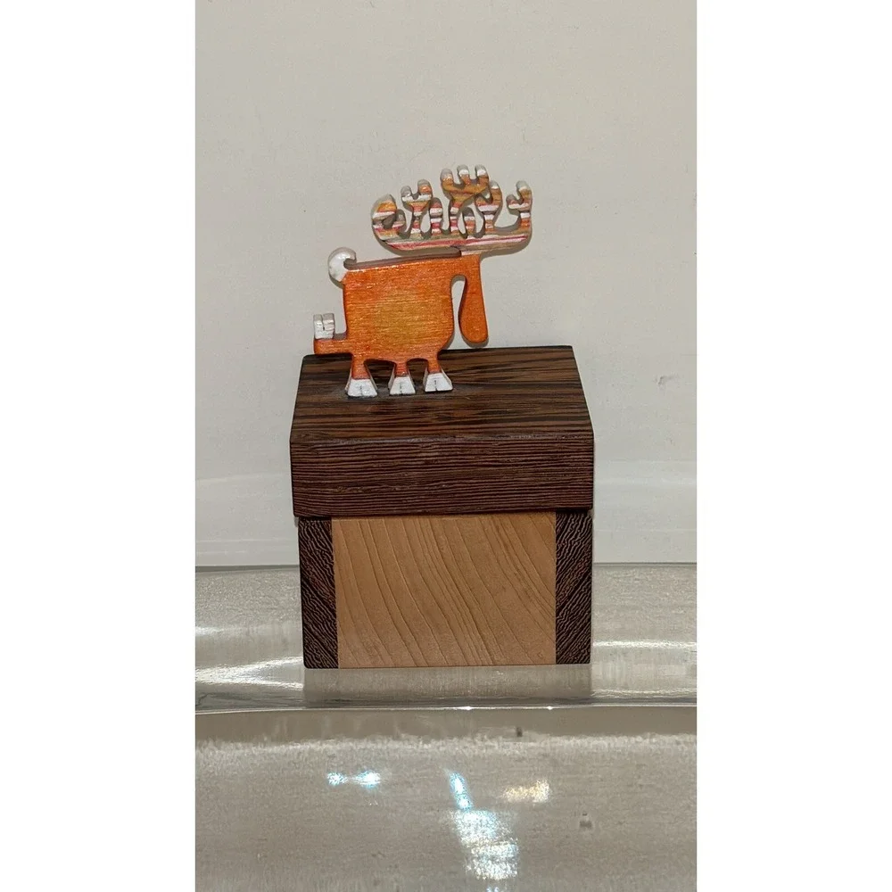 Beautiful Wooden trinket dish With Orange Moose‎ On Top